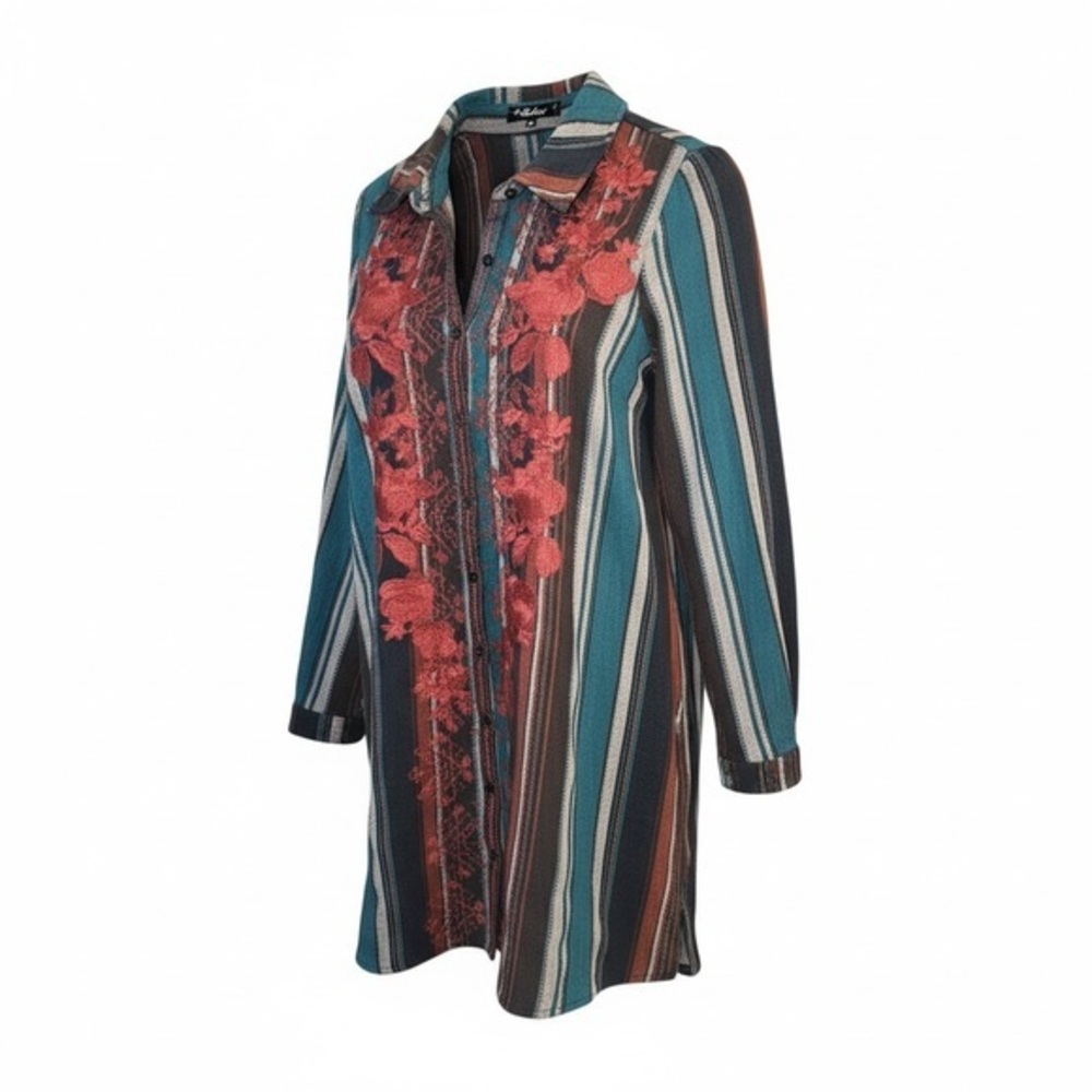 Andrรฉe By Unit Teal Stripe Embroidered Longline Medium Shirt Jacket Boho Luxe